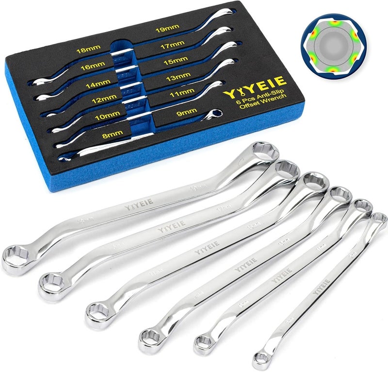 YIYEIE 6 Pc. Bolt Extractor Wrench Set, Metric 8-19mm, 6 Point Box End Wrench Set with 45° Offset, CR-V Steel, Stripped & Rounded Bolt Remover Wrench with EVA Foam - Image 1